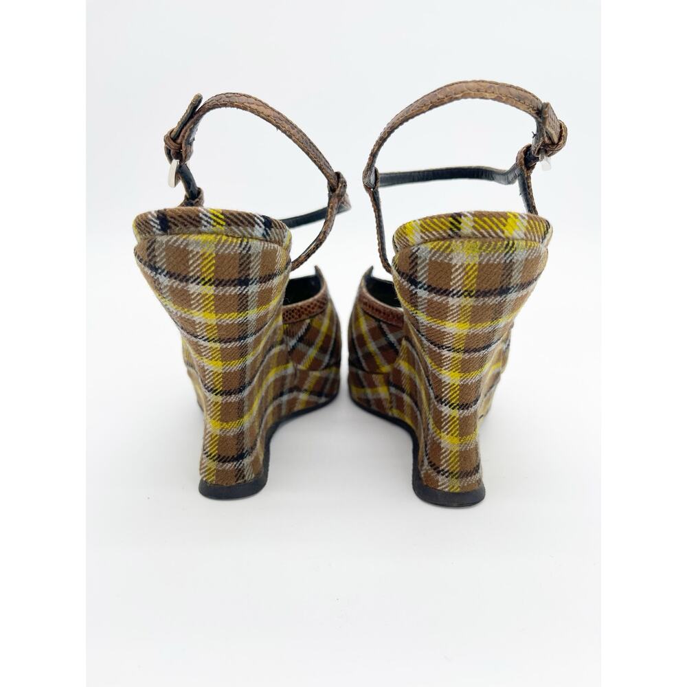 Prada Fall 2004 Runway Brown Yellow Plaid Preppy Sculptural Wedge Sandals IT 35 - Picture 10 of 14